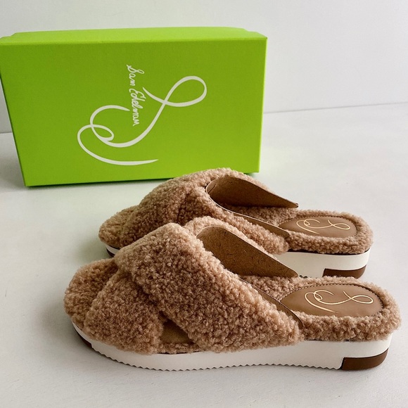 ✨New SAM EDELMAN Alice Faux Fur Slide Sandals Camel Shearling 8.5M - Picture 4 of 9